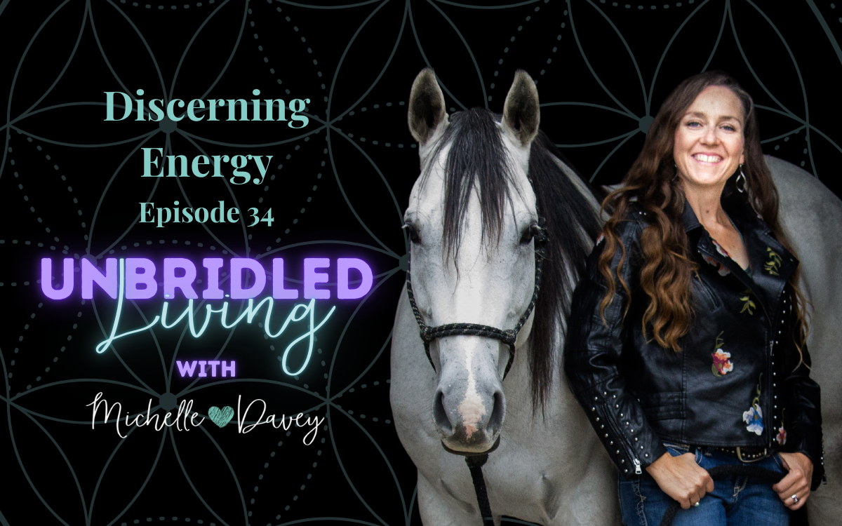 Michelle is standing next to her horse smiling. Text on the image reads: Discerning Energy Episode 34 Unbridled Living with Michell Davey