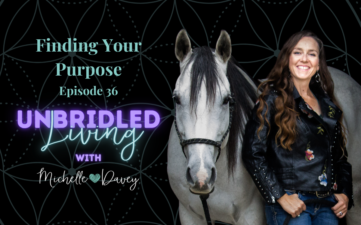 Michelle is standing next to her horse smiling. Text on the image reads: Finding Your Purpose Episode 36 Unbridled Living with Michell Davey